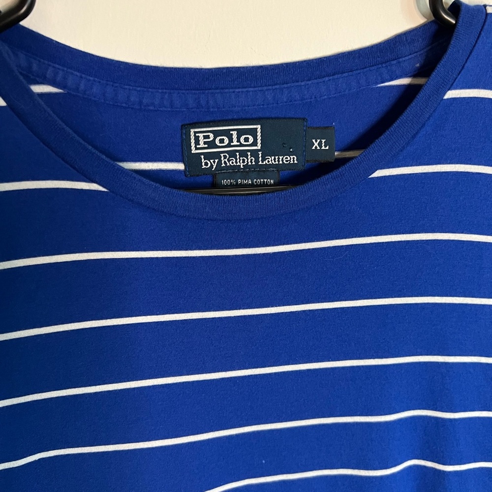 Vintage Ralph Lauren Blue Stripe Pima Cotton Short Sleeve T Shirt Size XL